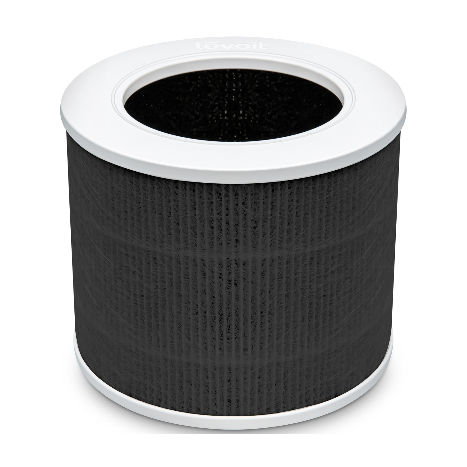 Un filtro cilindrico a carboni attivi con bordo bianco e rete nera.