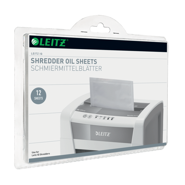 Verpackung mit Leitz IQ Shredder Öl Blättern, 12 Stück.