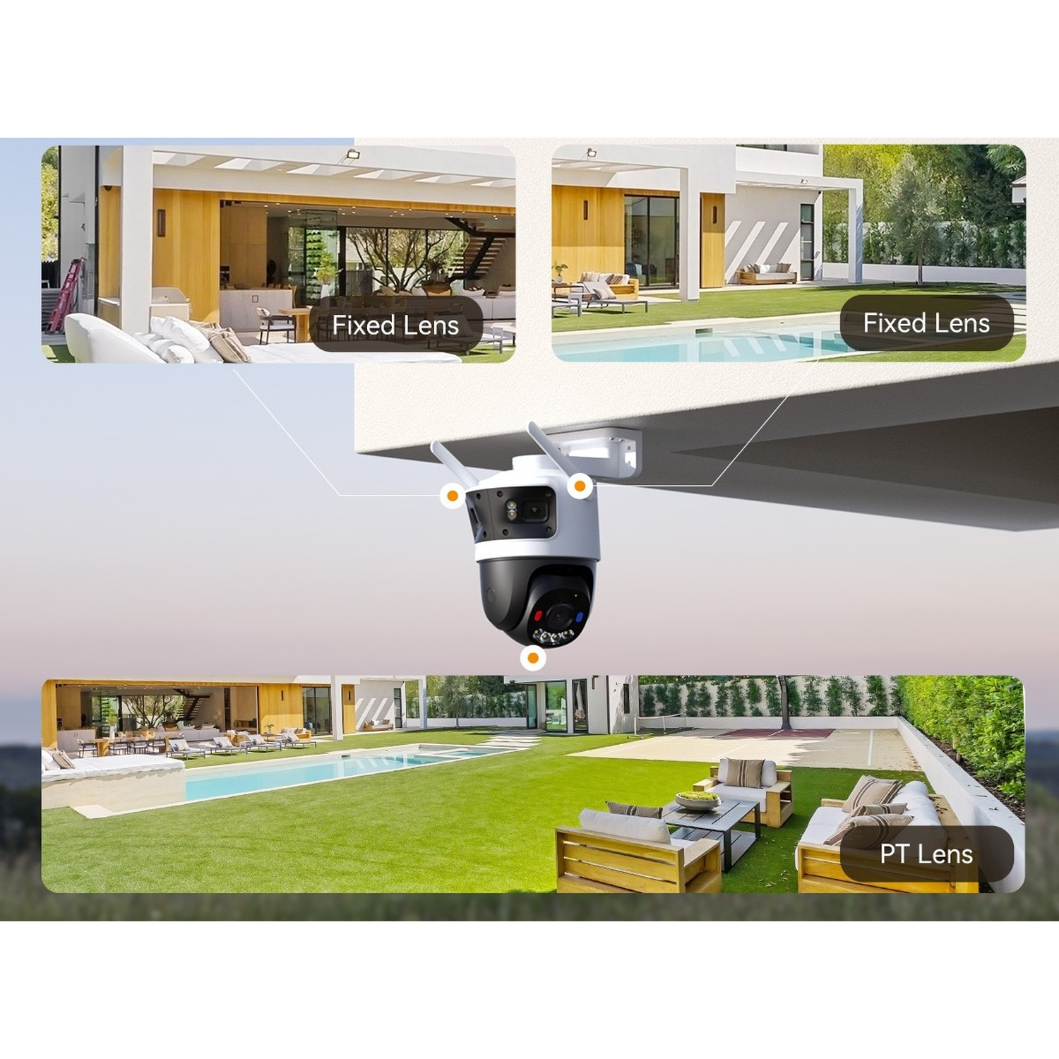 Telecamera di sicurezza mostra interni ed esterni di case con piscine.