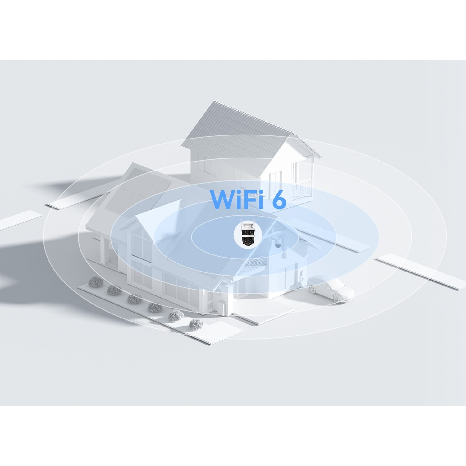 Una casa con segnale WiFi 6, una telecamera di sicurezza e un'auto.