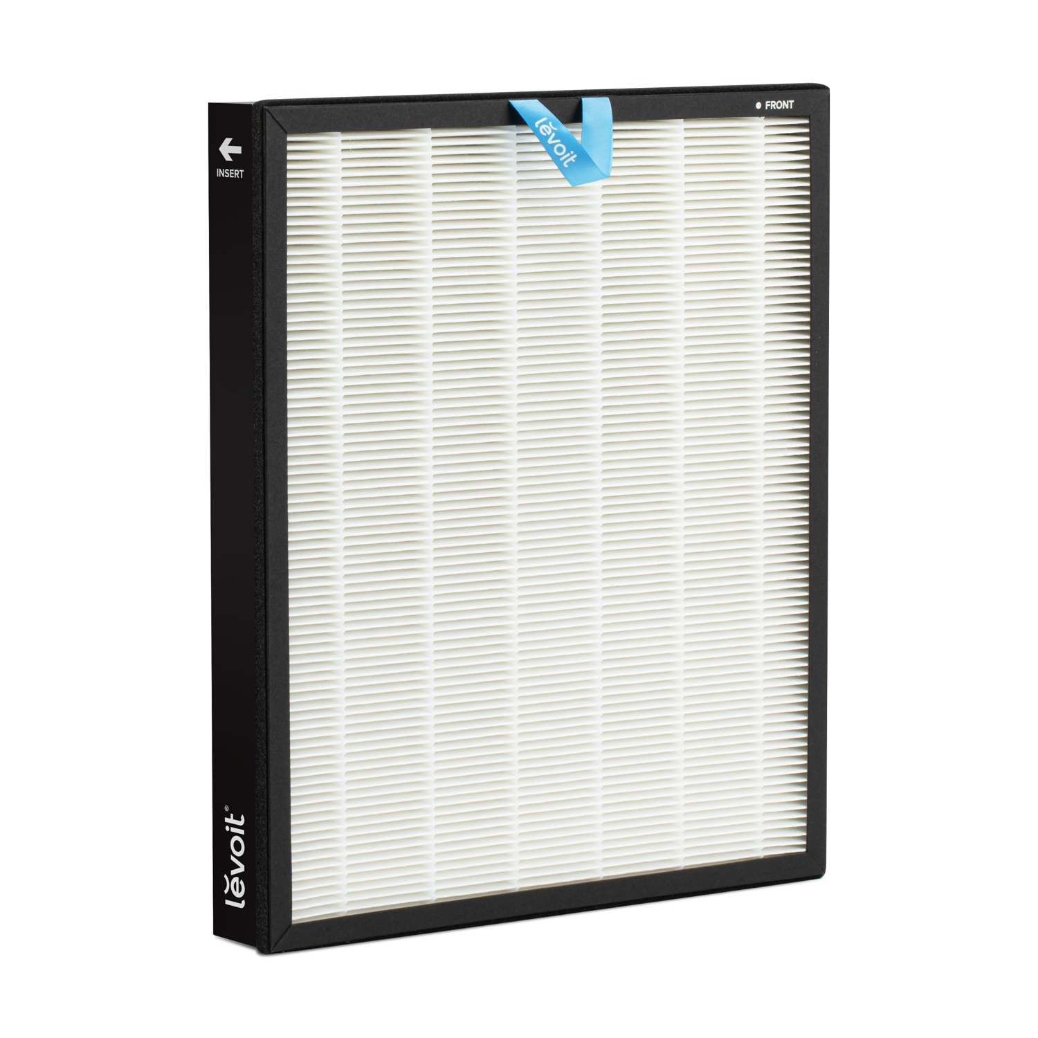 Un filtro aria Levoit con cornice nera, filtro plissettato bianco e linguetta blu.