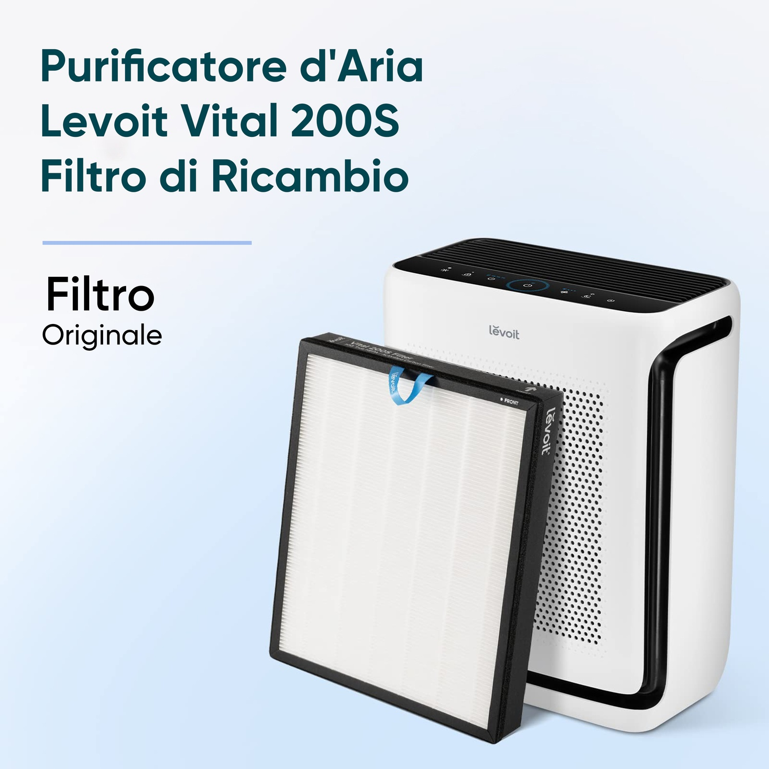 Un purificatore d'aria bianco con un filtro di ricambio davanti. Il filtro è nero e bianco.