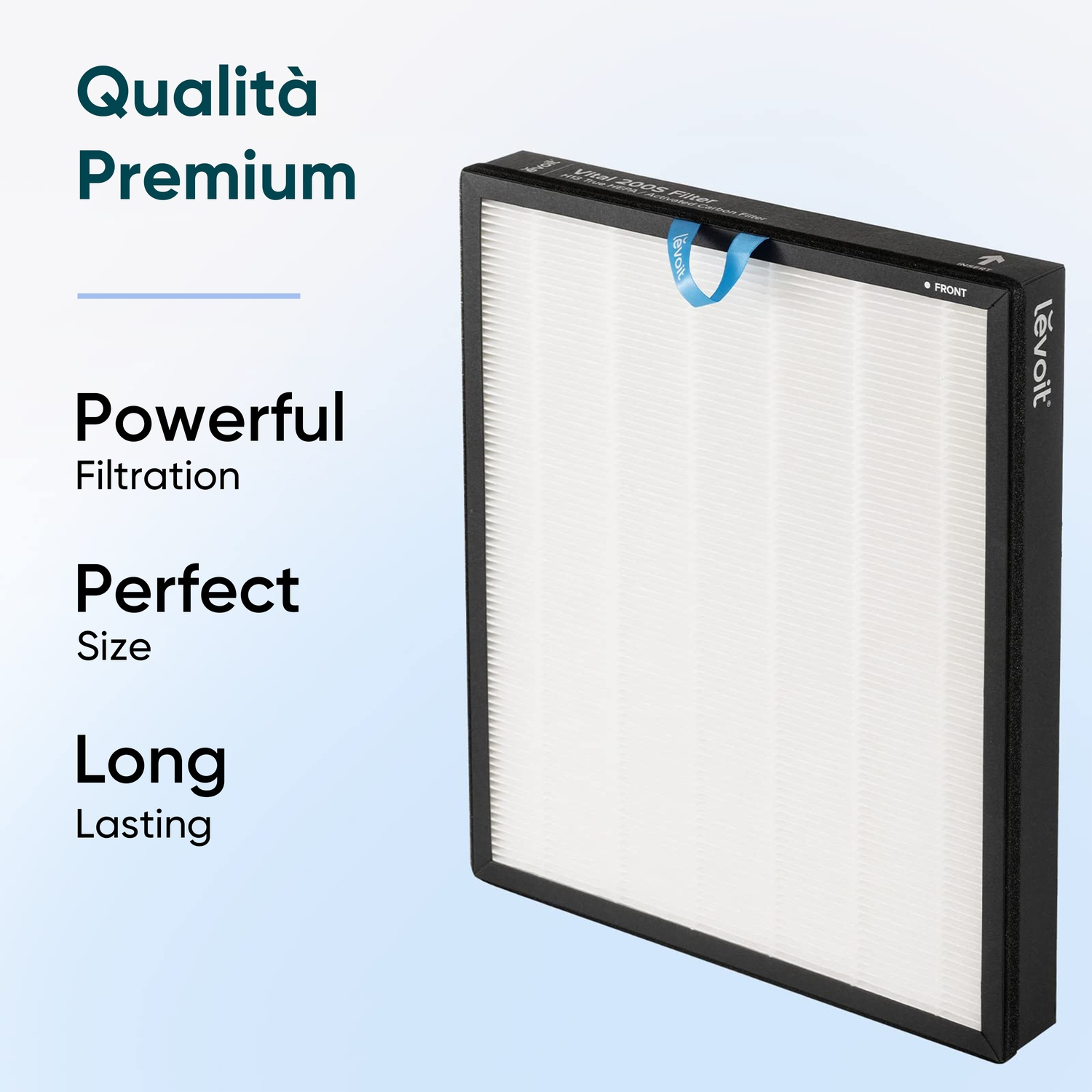 Un filtro aria Levoit HEPA con cornice nera e mezzo filtrante bianco.