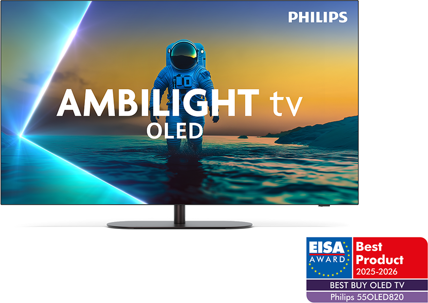 Egy űrhajós áll a vízben egy Philips Ambilight OLED TV előtt.