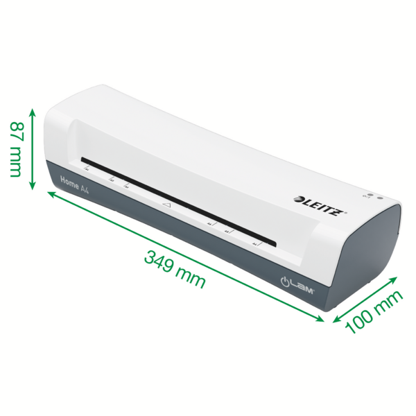 Weißer Leitz Aktenlaminator mit grauen Akzenten, 349x100x87mm.