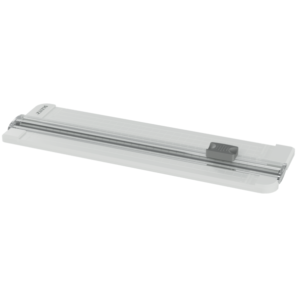 Ein weißer Papierschneider mit grauer Klinge und Führungsschiene.