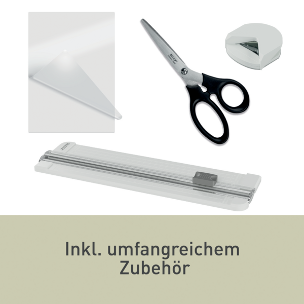 Scheren, Papierstanzer, Locher und Papierschneider auf weißem Hintergrund.
