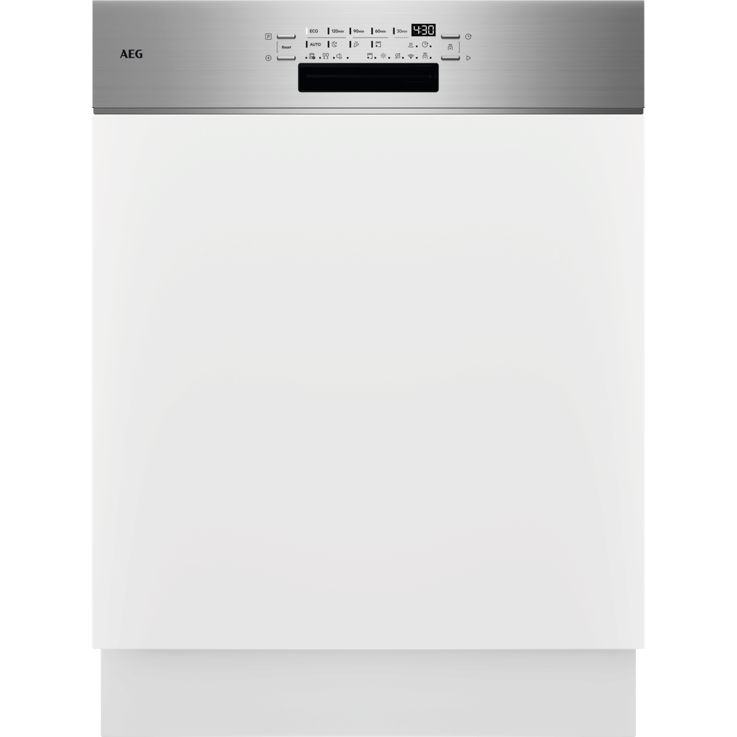 Een witte AEG vaatwasser met zilveren bovenpaneel en digitaal display.