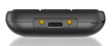 Zbliżenie czarnego urządzenia z portem USB-C i dwoma żółtymi lampkami kontrolnymi.