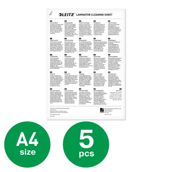 Leitz Laminiergeräte Reinigungsblatt, A4 Größe, 5 Stück.