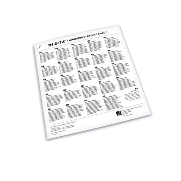 Leitz LAMINATOR REINIGUNGSBLATT in mehreren Sprachen mit Anleitungen.