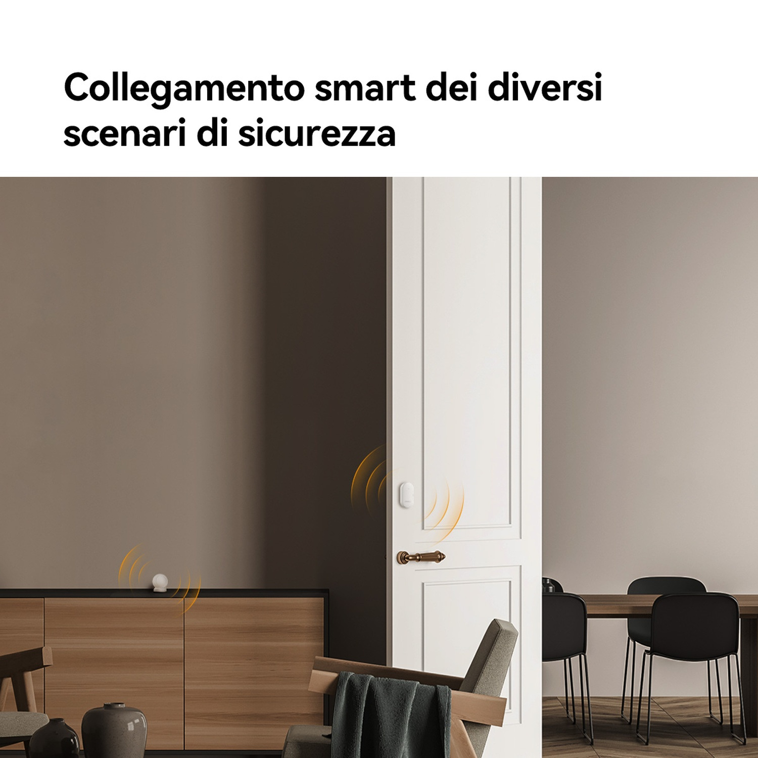Un sensore bianco su una porta di legno emette onde arancioni.