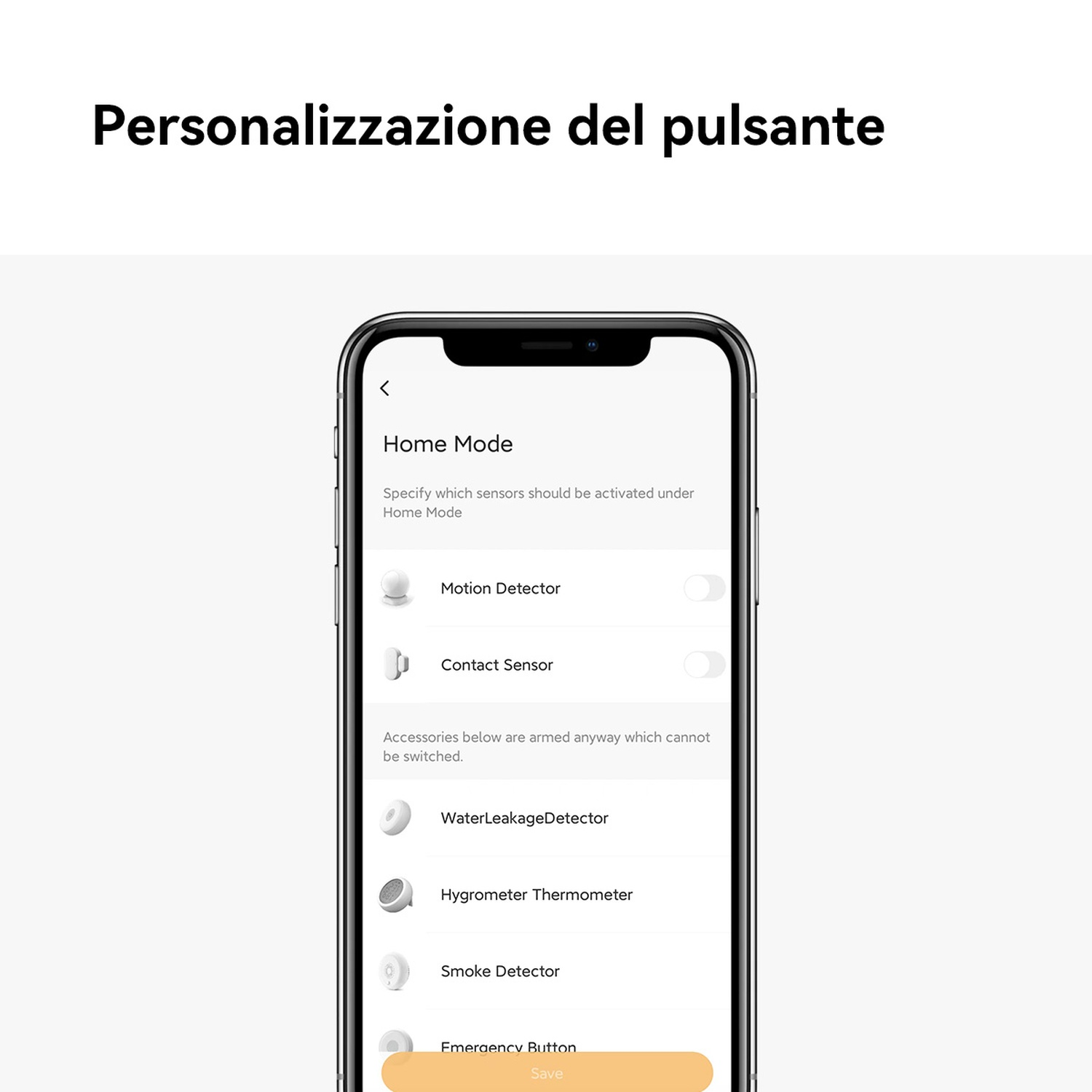 App smartphone mostra "Modalità Casa" con sensori: Movimento, Contatto, Acqua, Fumo, Emergenza.