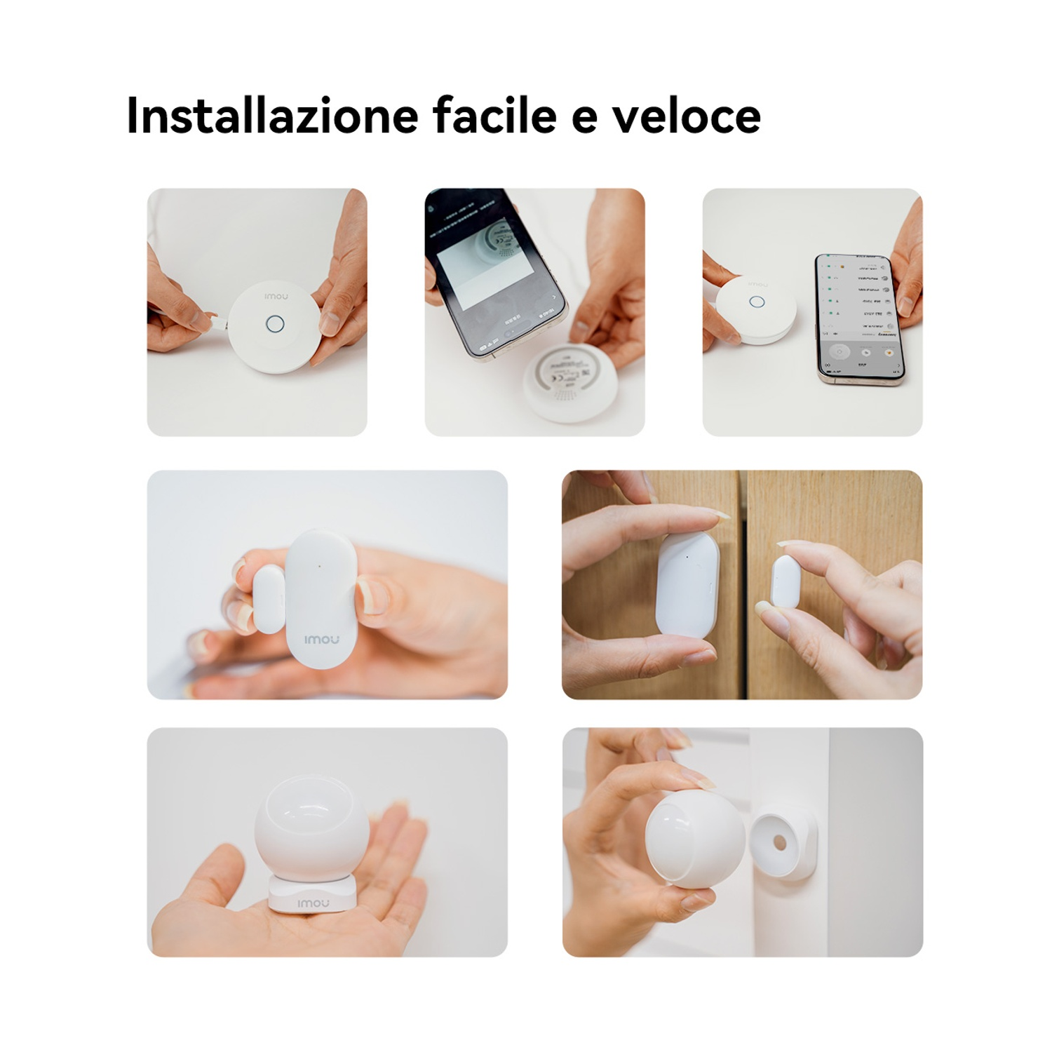 Sensori IMOU bianchi mostrati mentre vengono preparati per una facile installazione.