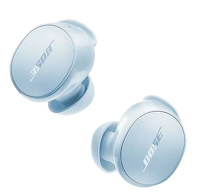 Dwa jasnoniebieskie słuchawki Bose na czarnym tle.