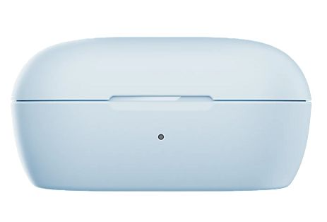 Jasnoniebieskie etui na słuchawki bezprzewodowe z małą czarną kropką.
