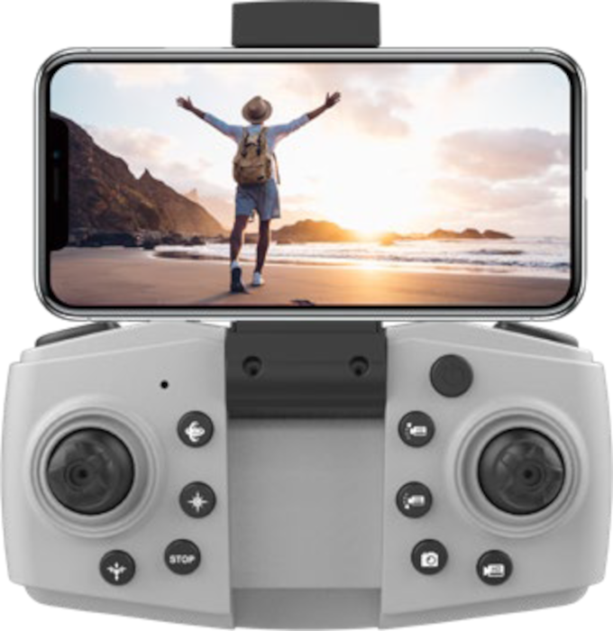 Télécommande de drone avec smartphone montrant une personne sur la plage.