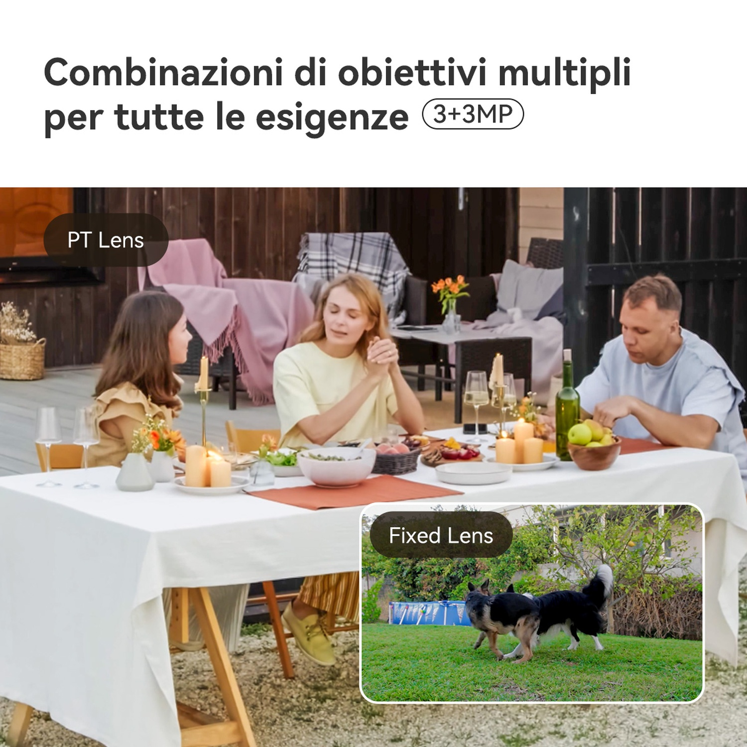 Due telecamere con obiettivi PT e fissi mostrano una famiglia a cena e cani in giardino.