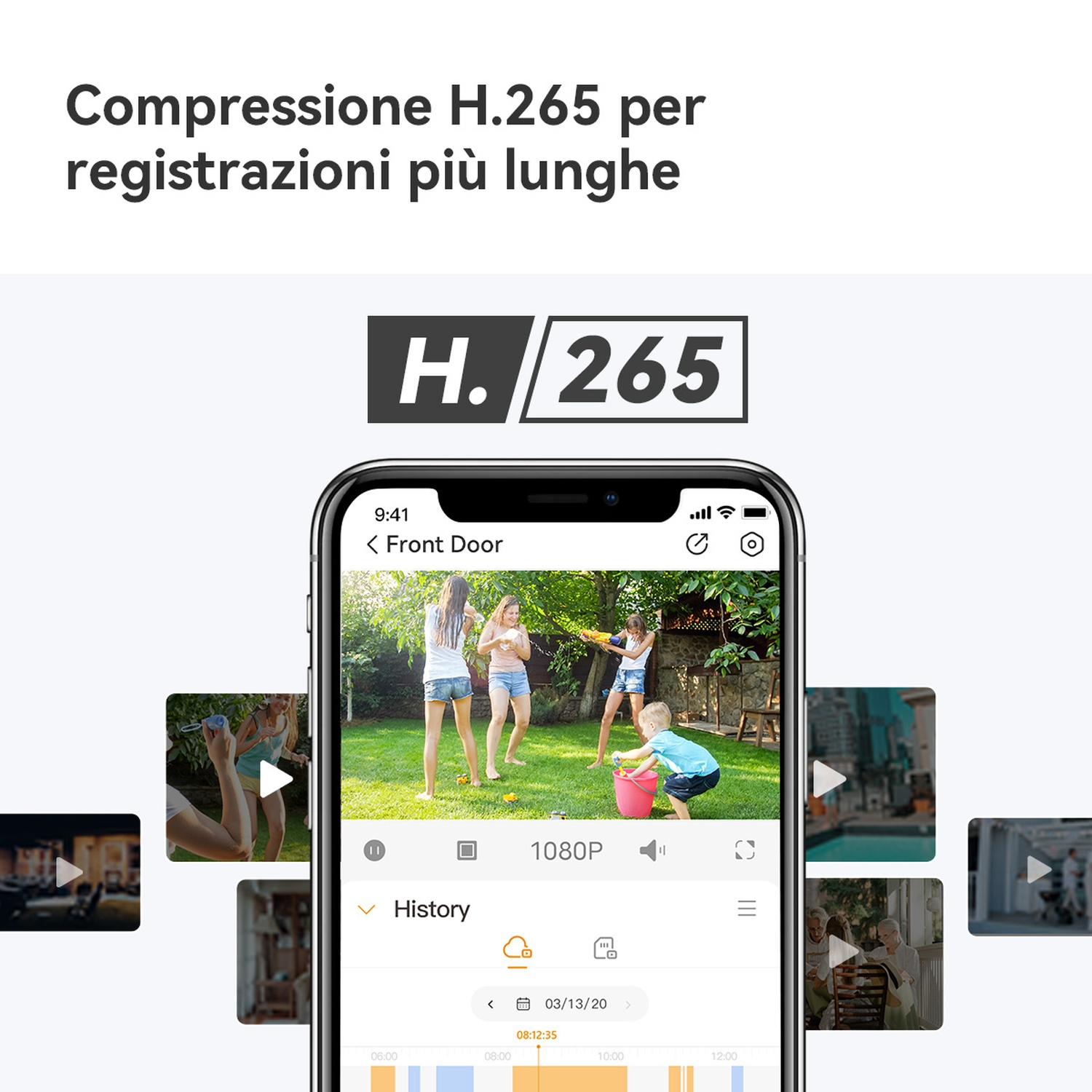 Smartphone mostra app sorveglianza H.265 con bambini in giardino.