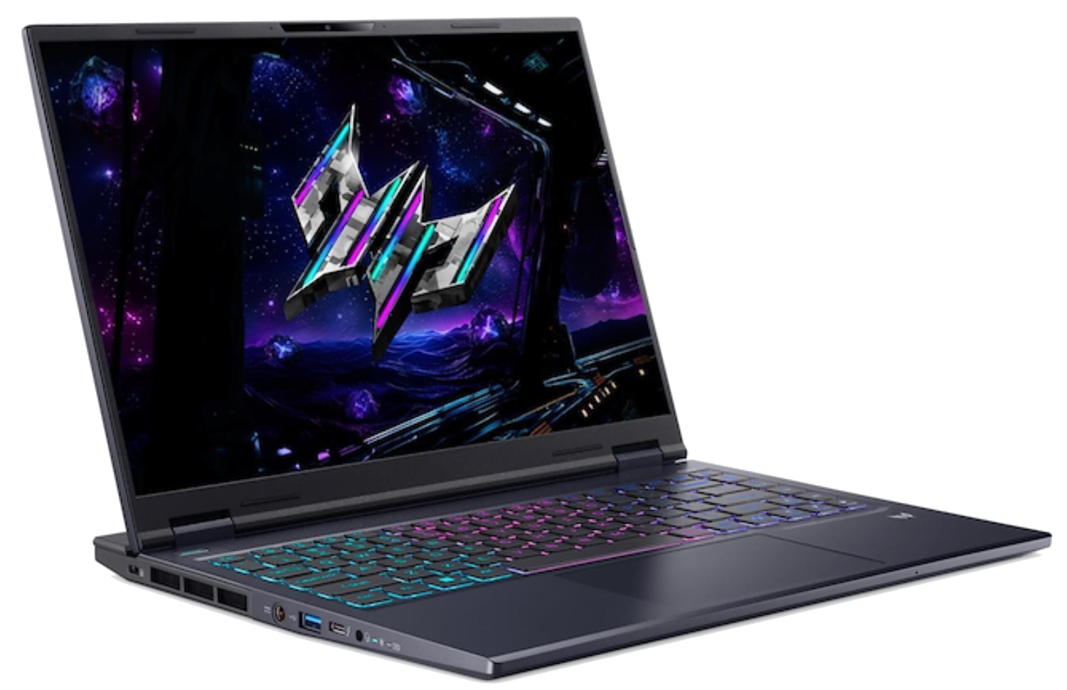 Un portátil oscuro con teclado iluminado y fondo de pantalla cósmico.