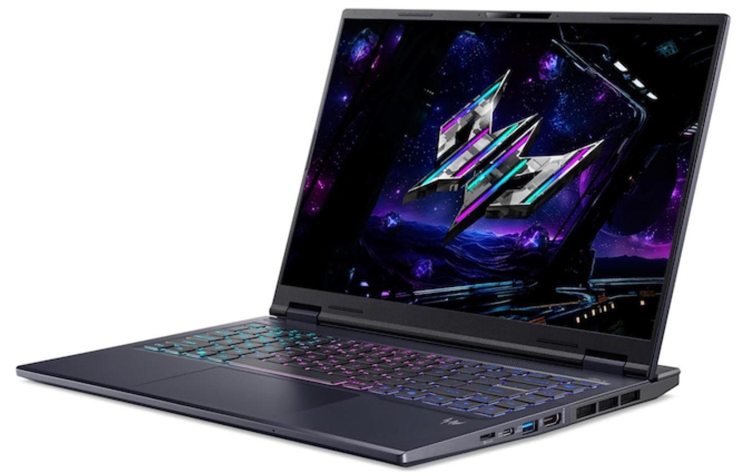 Un portátil abierto con teclado retroiluminado y fondo de pantalla futurista.