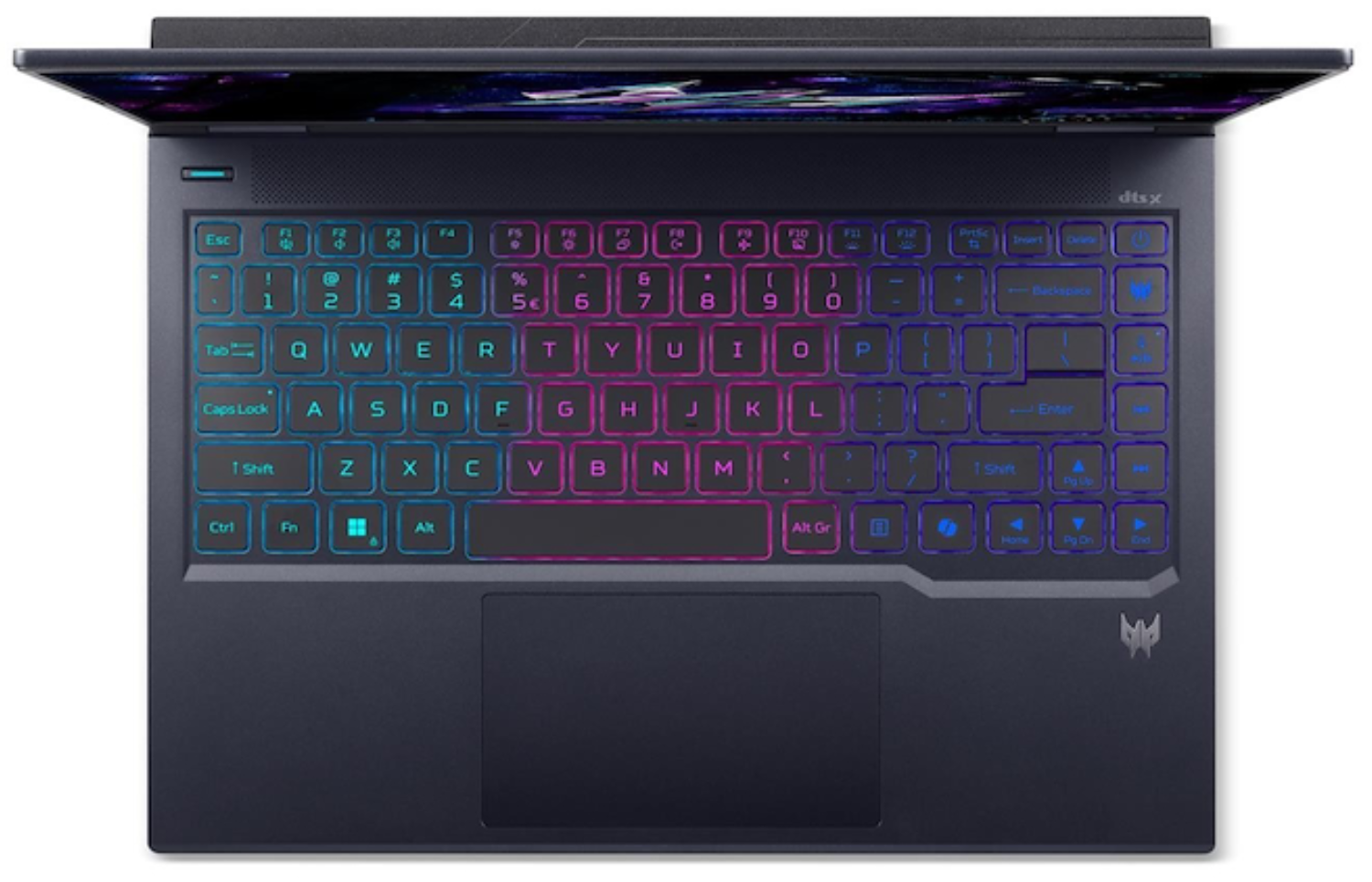 Portátil gris oscuro con teclado retroiluminado azul y rosa.