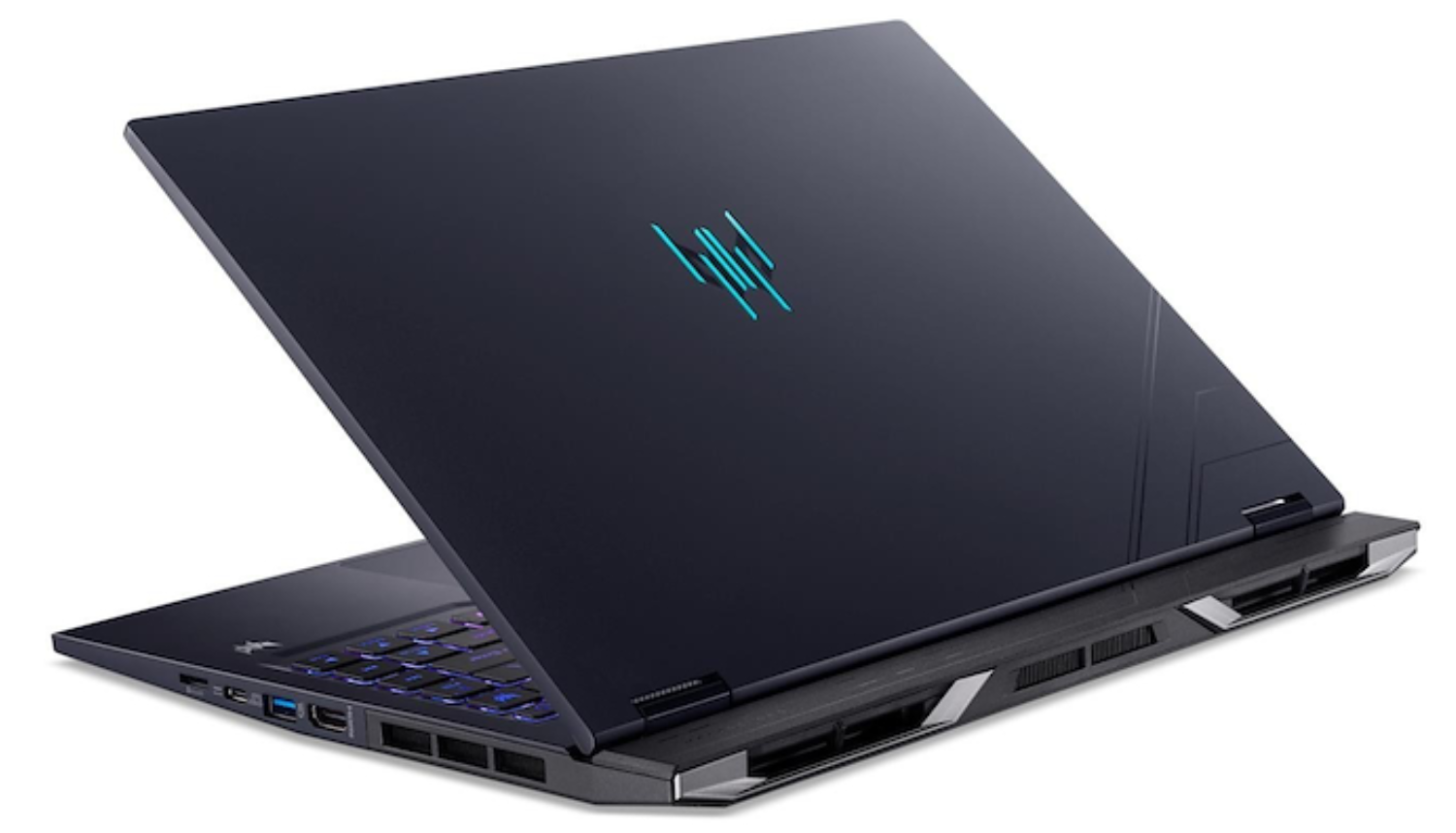 Un portátil oscuro con teclado y logo azul brillante.