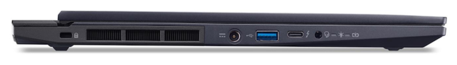 Lateral de un portátil oscuro con puertos: alimentación, USB-A, Thunderbolt, audio, HDMI.