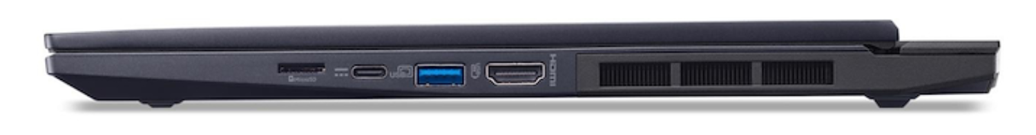 Lateral de un portátil negro con puertos: lector de tarjetas SD, USB-C, USB-A, HDMI, rejillas de ventilación.