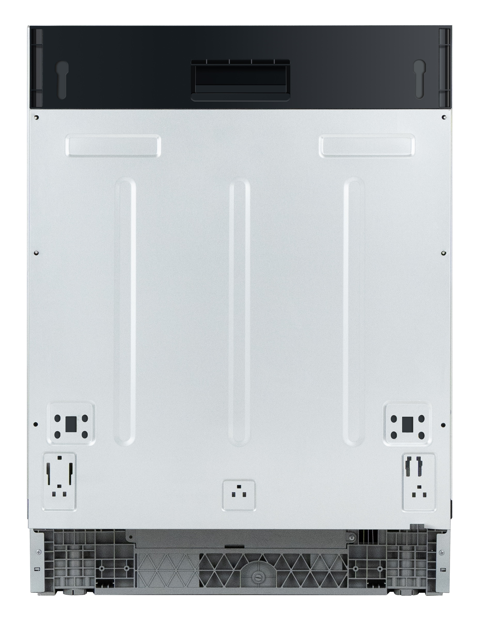 Tył srebrnej zmywarki z czarną górną krawędzią i szarymi stopkami.