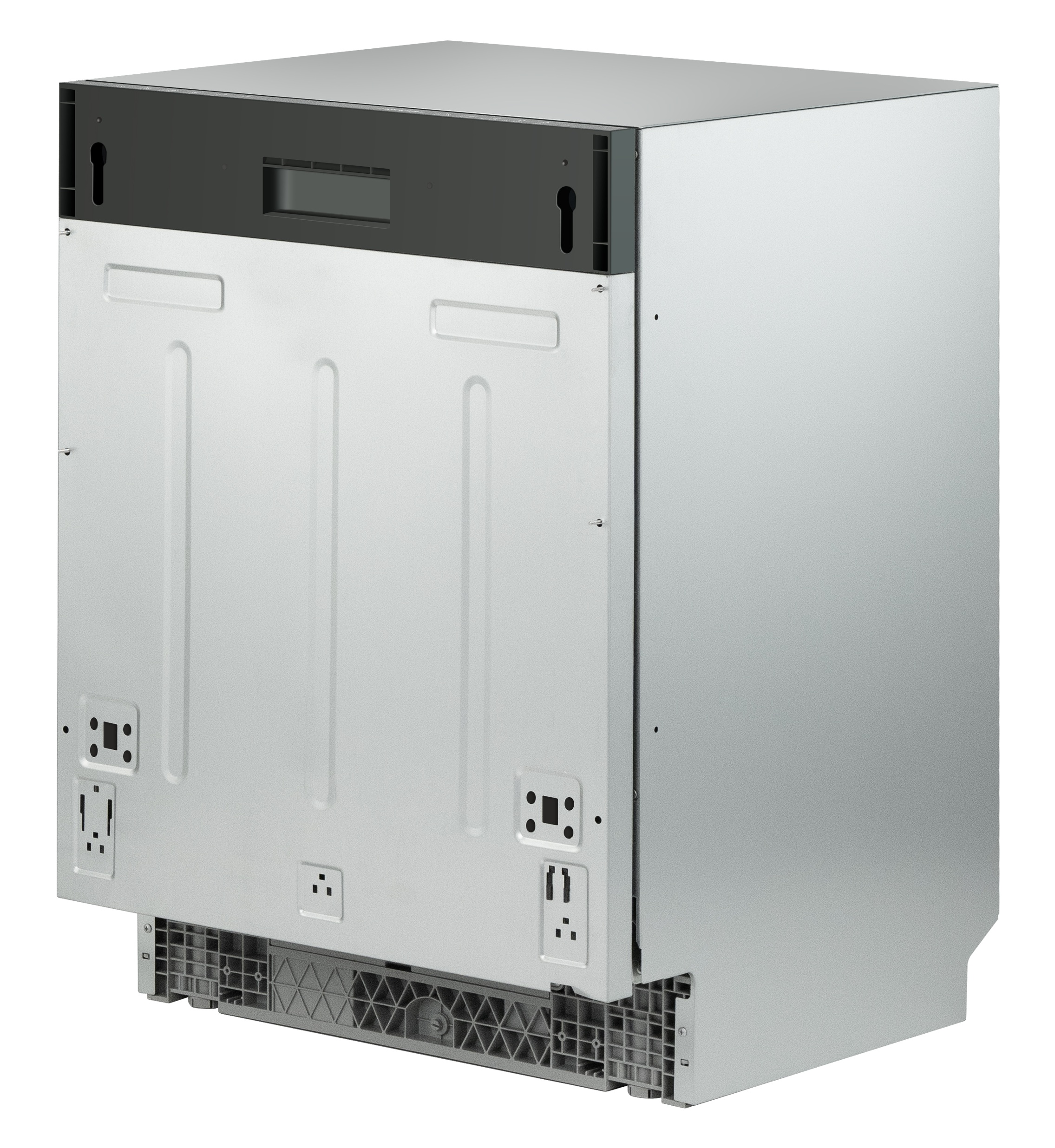 Tył srebrnej zmywarki z ciemnoszarym panelem u góry.