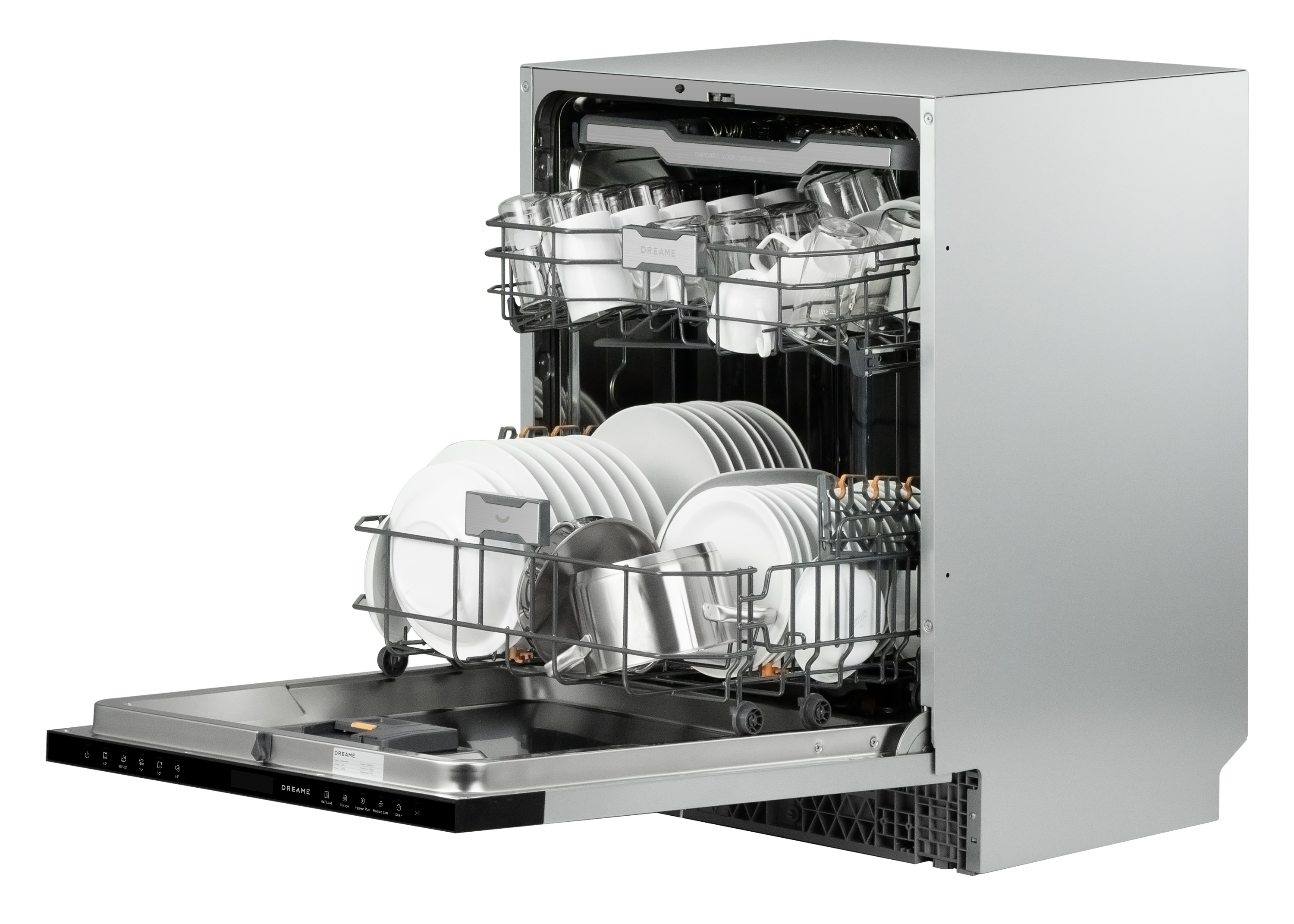 Otwarta zmywarka z pełnymi koszami naczyń i szklanek.