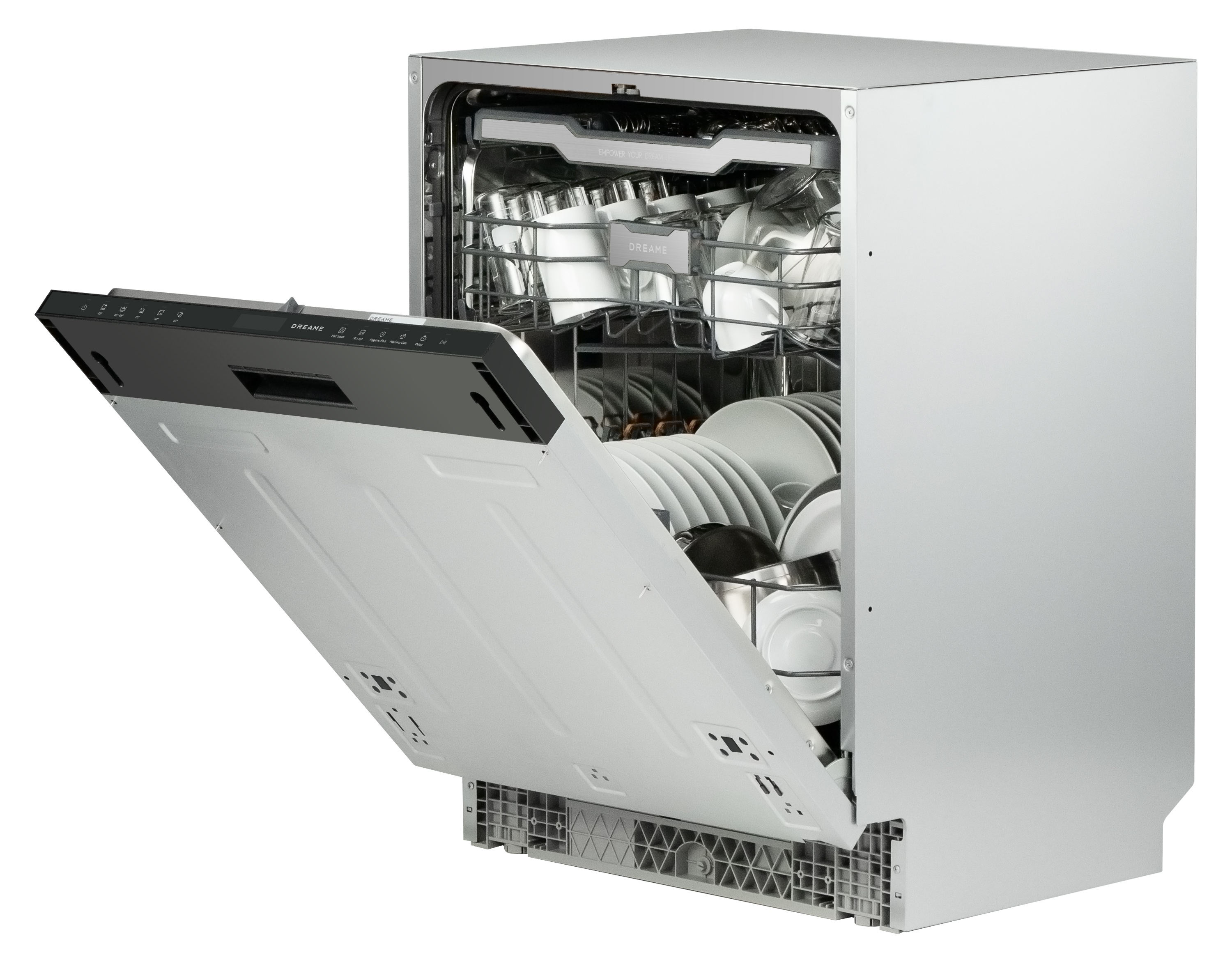 Otwarta srebrna zmywarka z załadowanymi koszami naczyń w środku.