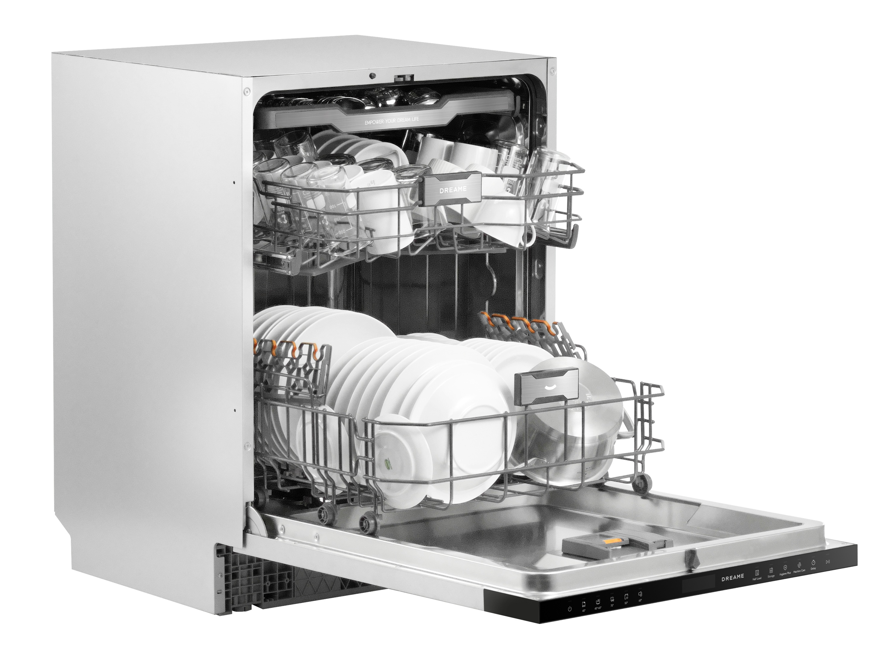 Srebrna zmywarka z otwartymi drzwiami, wypełniona talerzami, kubkami i szklankami.