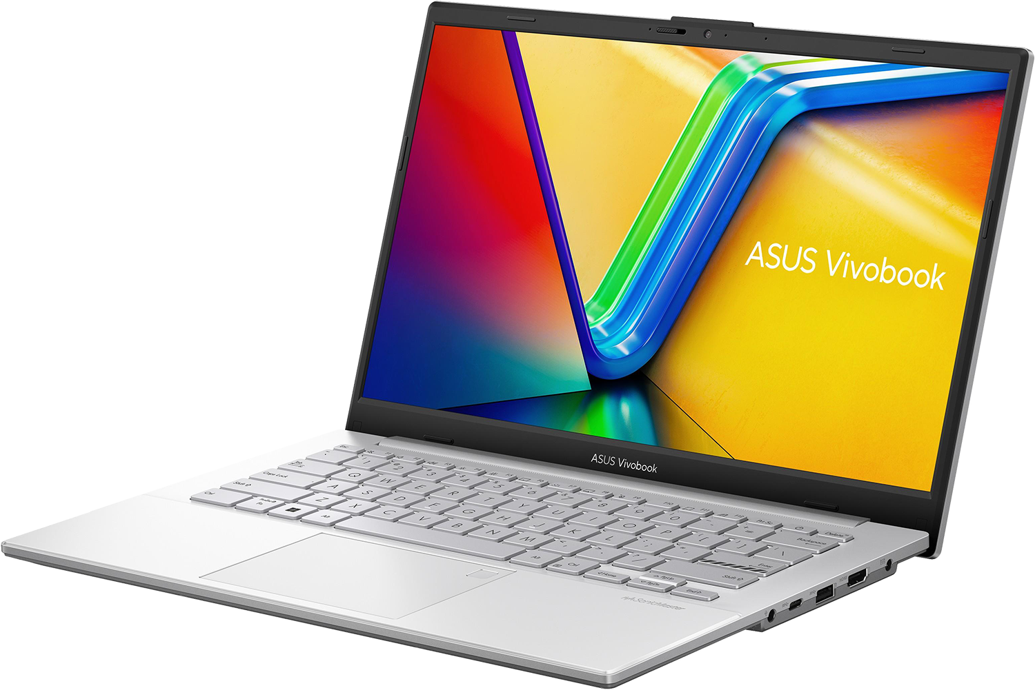 Ezüst Asus Vivobook laptop színes, absztrakt háttérképpel a képernyőn.