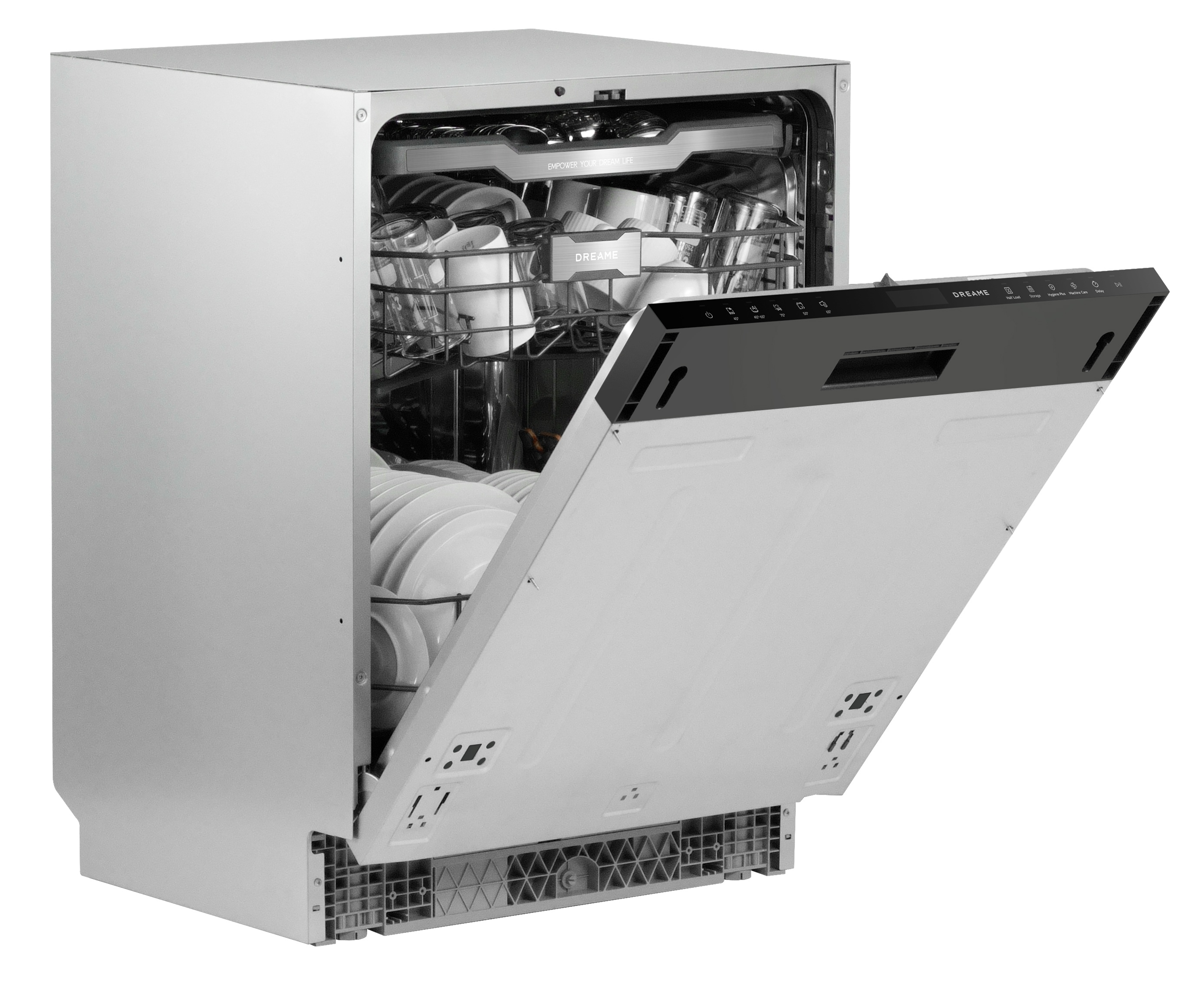 Srebrna zmywarka z otwartymi drzwiami, załadowana białymi naczyniami.