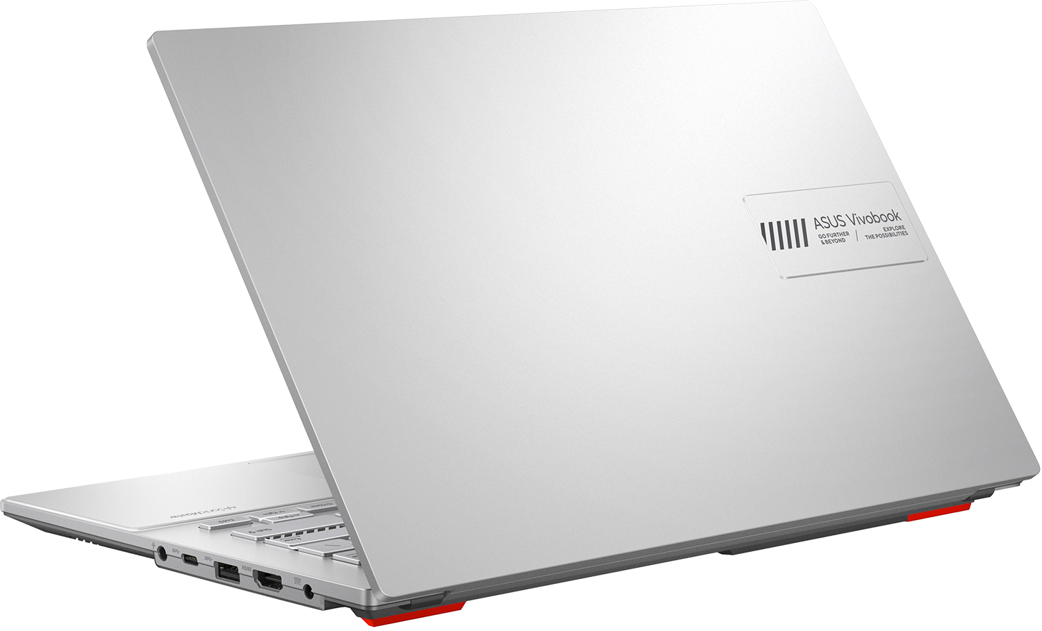 Ezüst laptop nyitott fedéllel, hátulról és balról nézve. ASUS Vivobook logó.