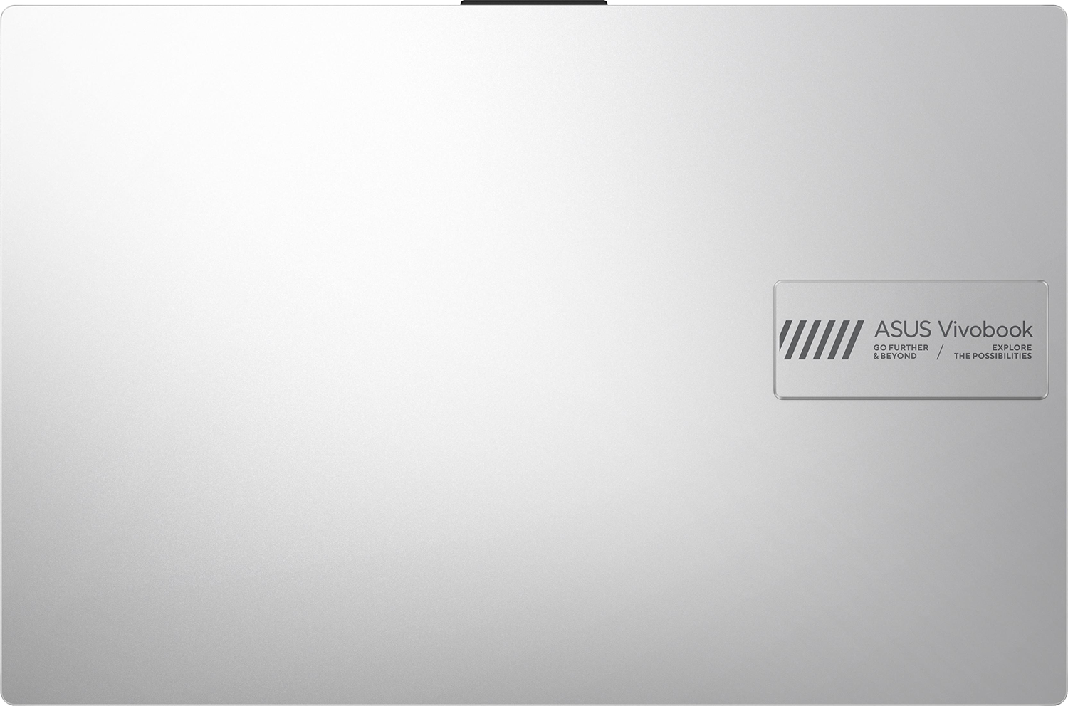 Ezüst Asus Vivobook logó matt fehér háttéren.