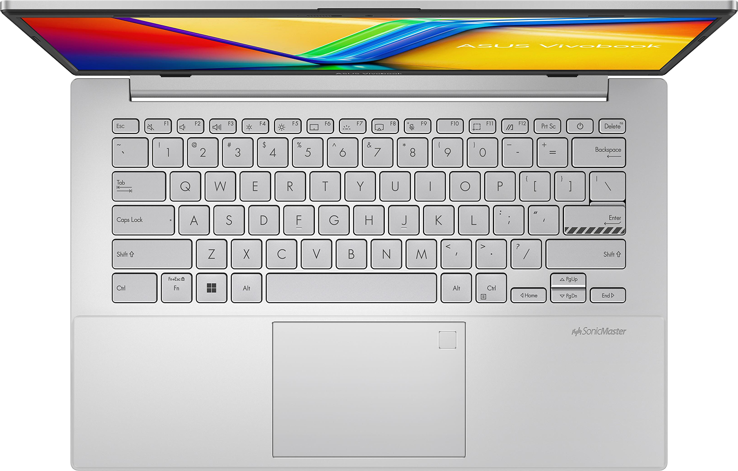 Ezüst laptop nyitott kijelzővel, színes ASUS Vivobook logót mutatva.