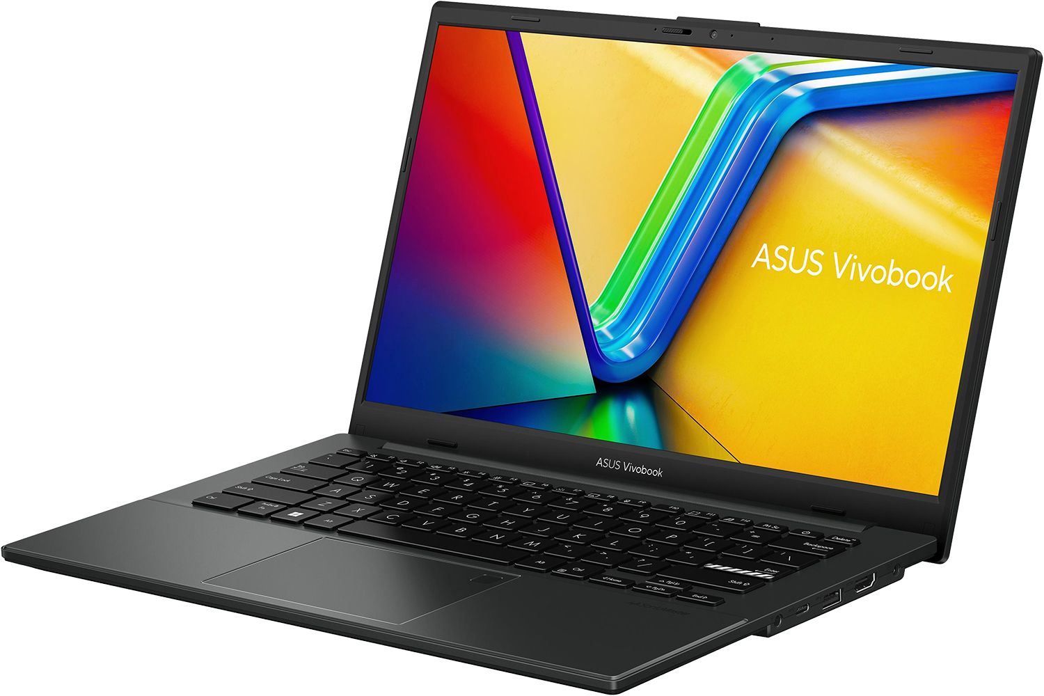 Egy nyitott, sötét ASUS Vivobook laptop színes háttérképpel.