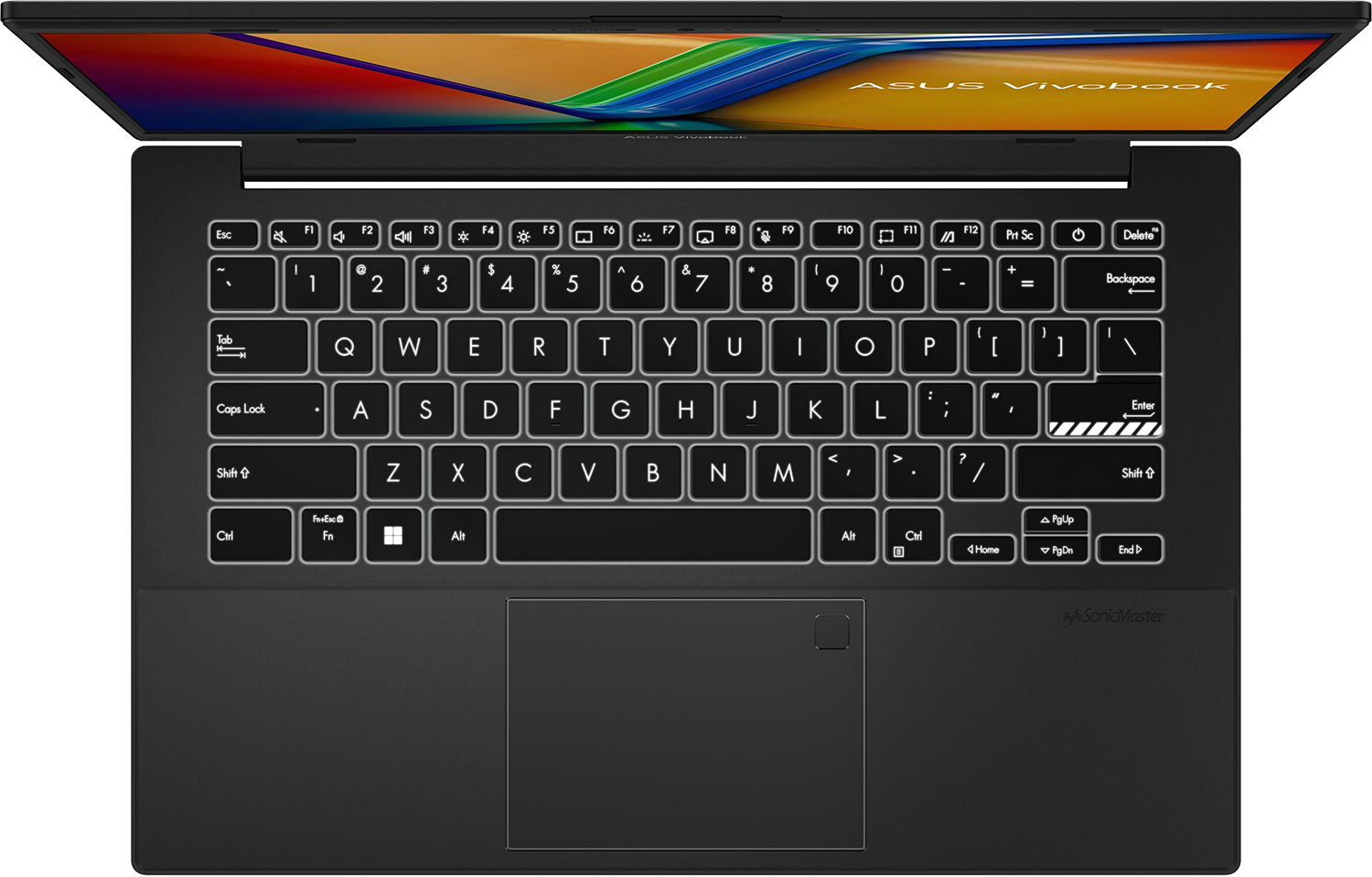Egy nyitott fekete laptop világító billentyűzettel és színes képernyőháttérrel.
