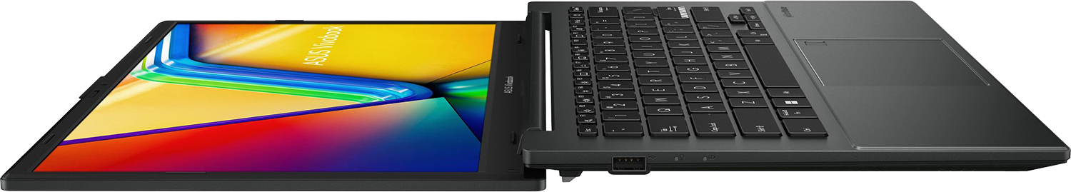 Egy nyitott laptop színes háttérképpel a képernyőjén.