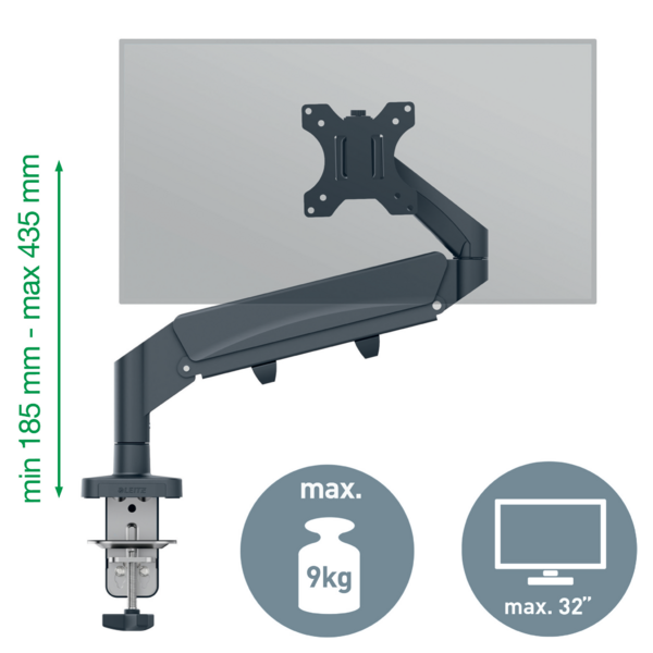 Monitorarm mit Klemme, max. 9kg, max. 32 Zoll, Höhenbereich 185-435mm.