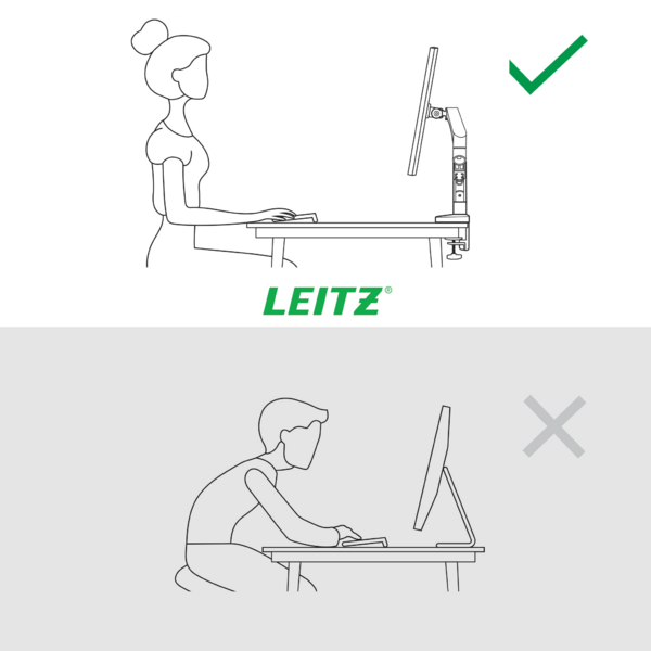 Richtige und falsche Sitzhaltung am Schreibtisch mit Monitor.