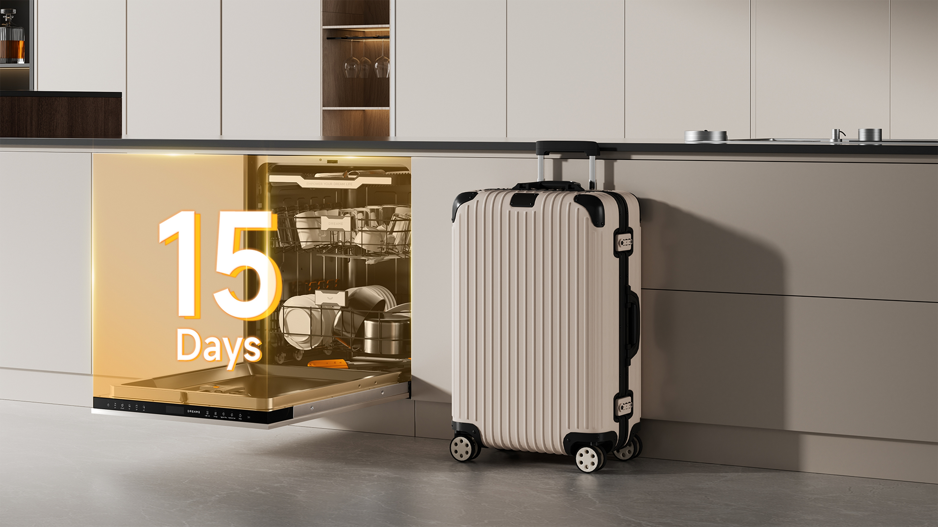 Beżowa walizka obok otwartej zmywarki w nowoczesnej kuchni.