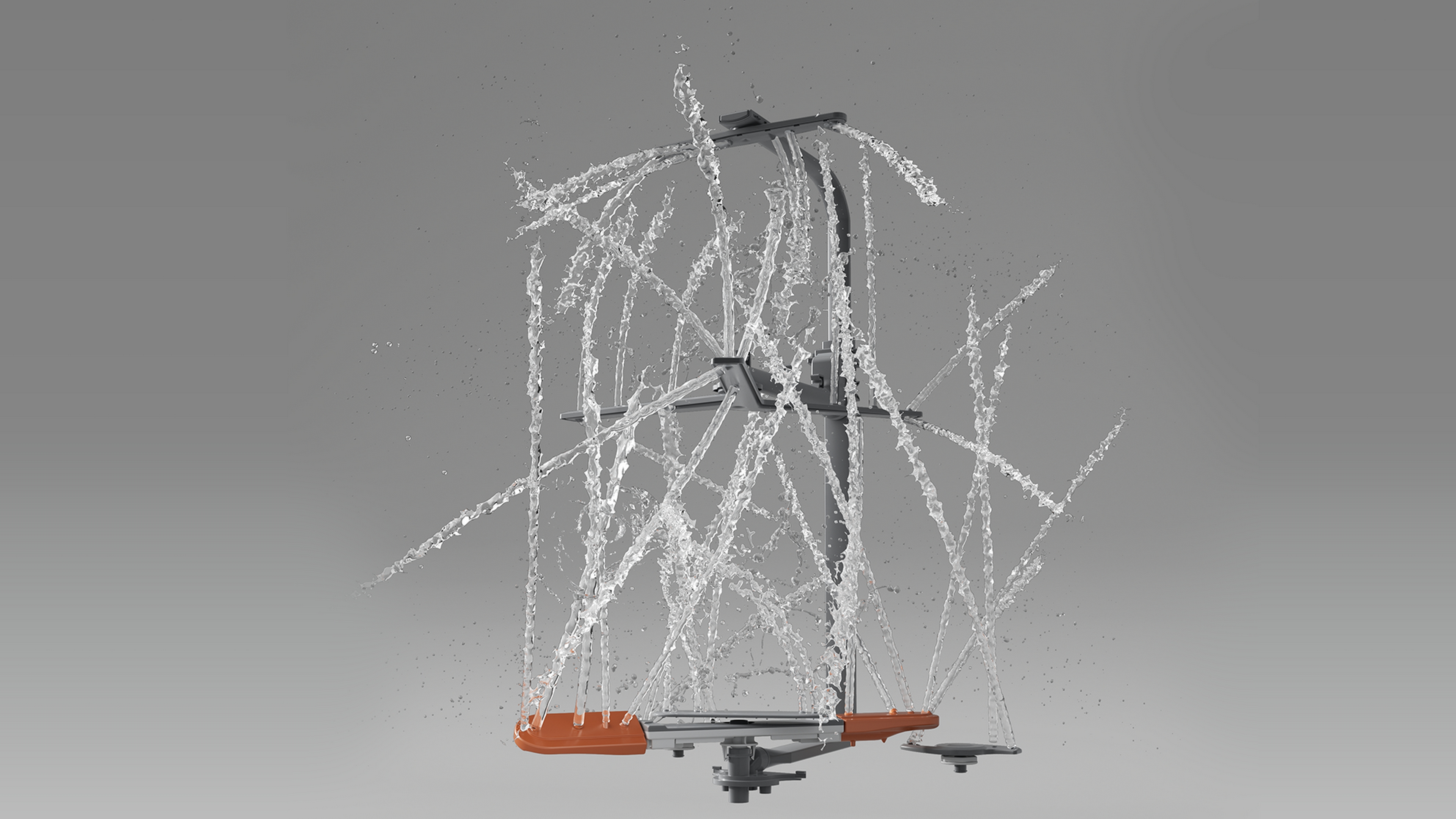 Metalowa rama rozpryskuje wodę na szarym tle.