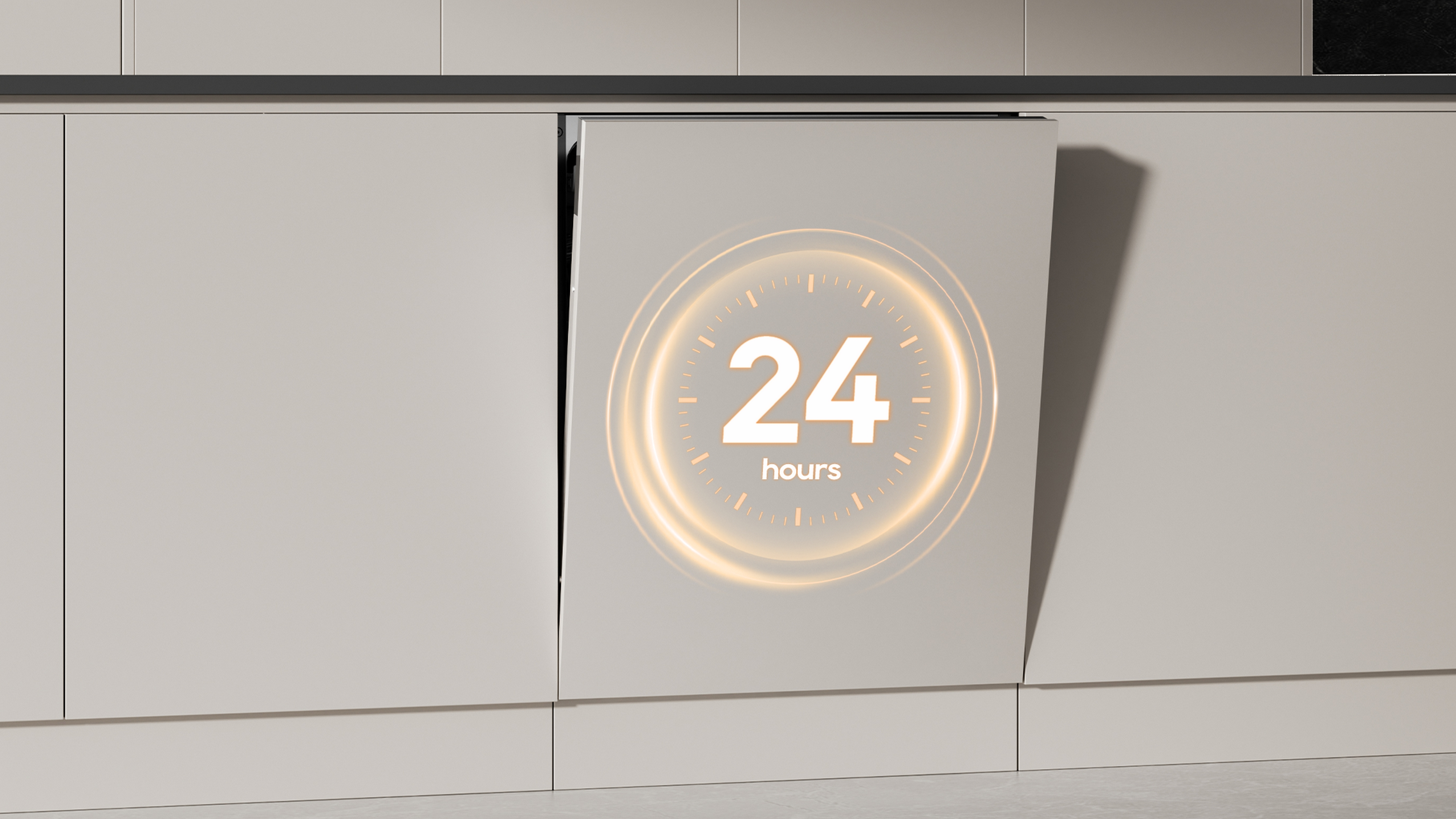 Zmywarka z świecącym kołem i liczbą 24.
