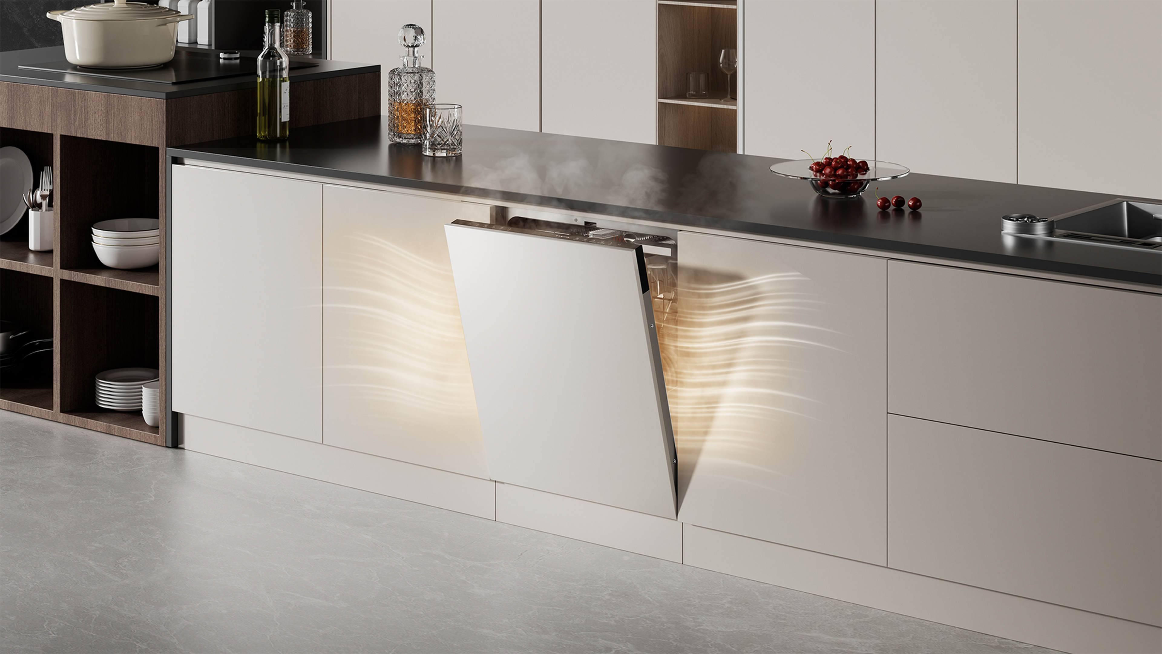 Nowoczesna kuchnia z otwartą zmywarką, unosząca się para.