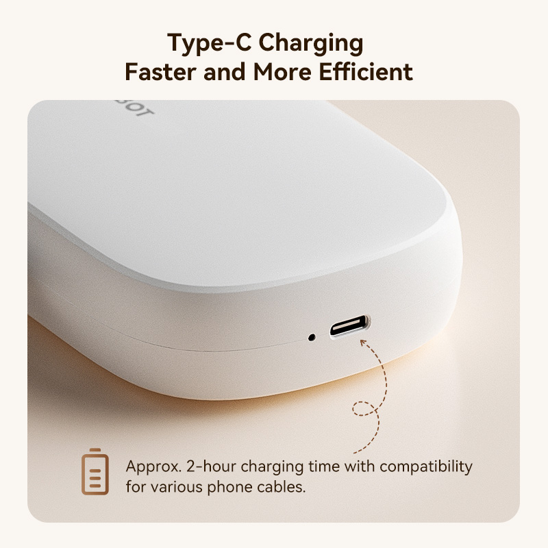 Eine weiße Powerbank mit Typ-C-Anschluss. Beschriftung: ca. 2 Stunden Ladezeit.