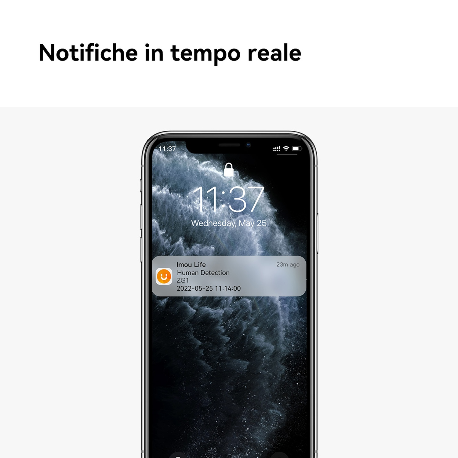 Uno smartphone mostra una notifica di Imou Life per il rilevamento umano.